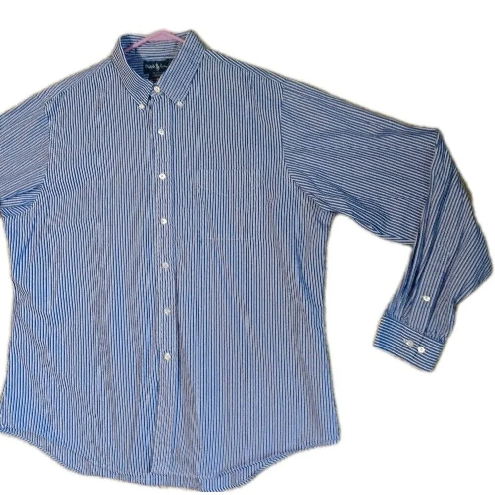 Vintage Polo Ralph Lauren Shirt 17 1/2 XL Blue White Striped Custom Fit XL 17.5
